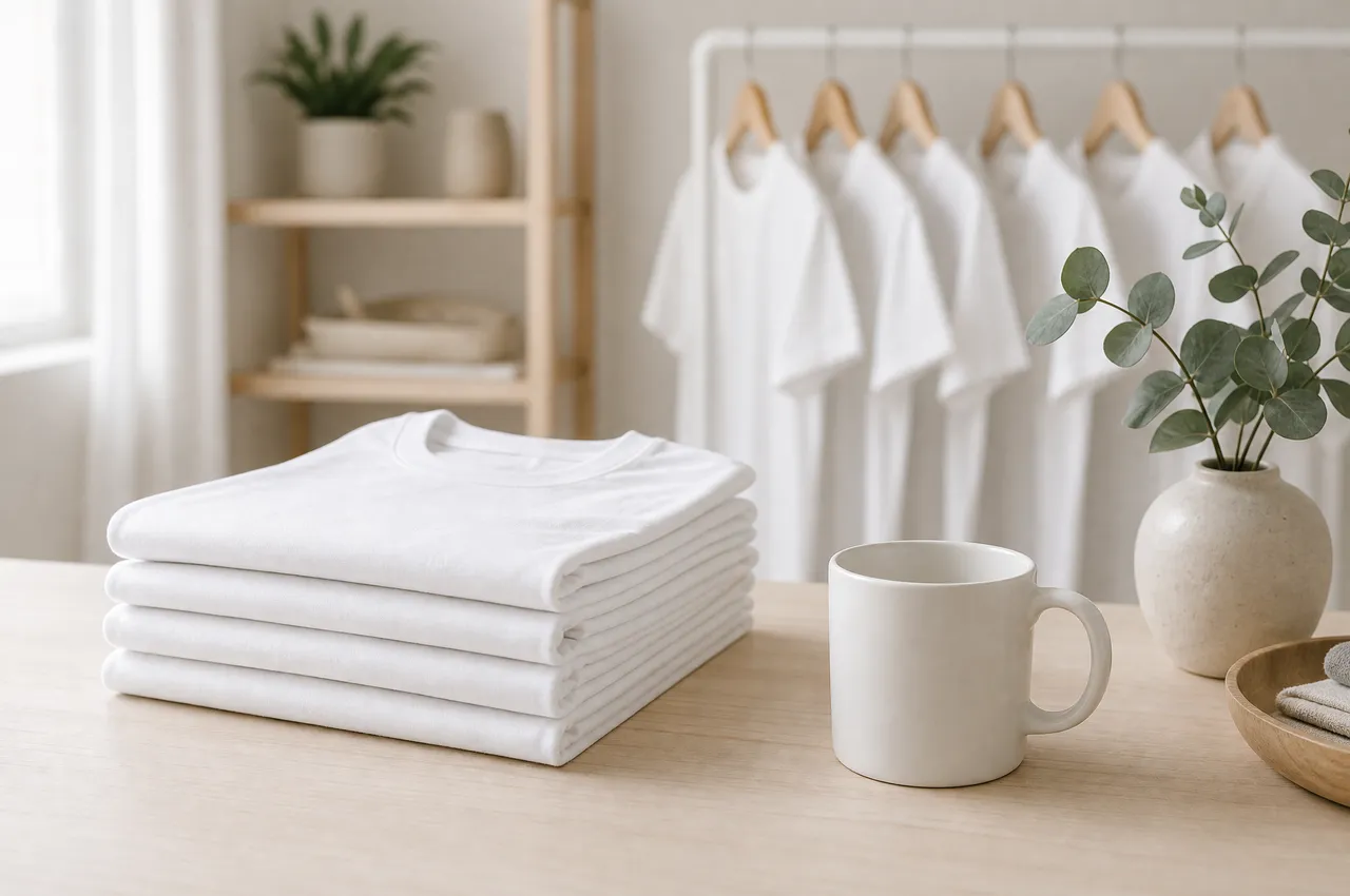A calm studio with folded and hanging white blank apparel