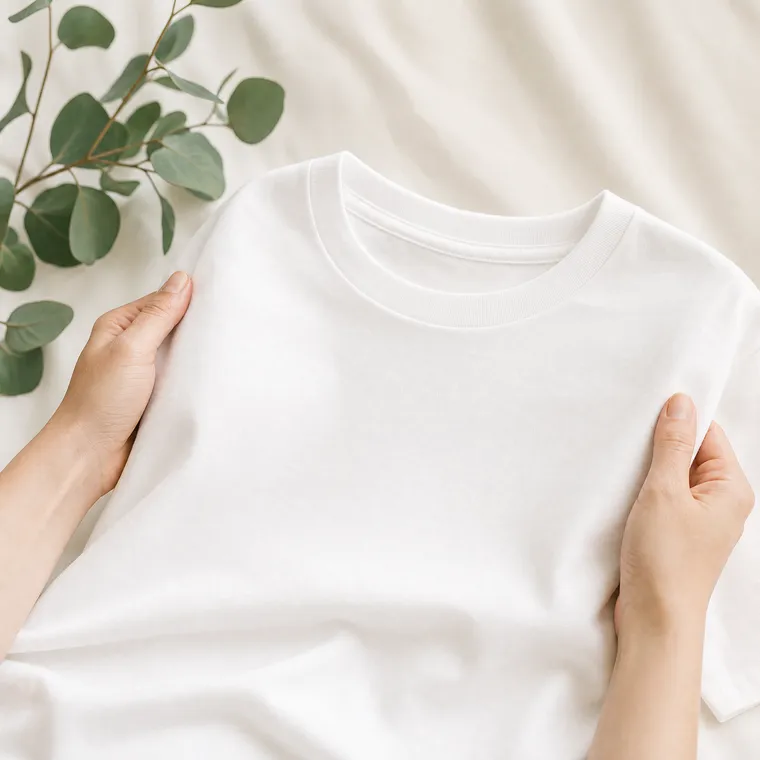 Hands holding a blank white t-shirt, ready for a custom design