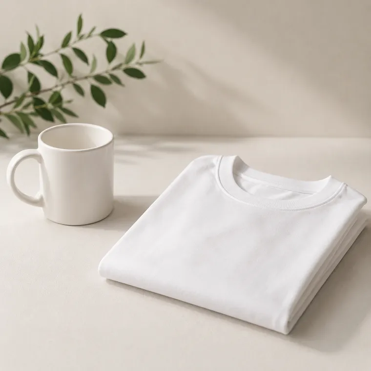 A folded white t-shirt beside a plain white mug