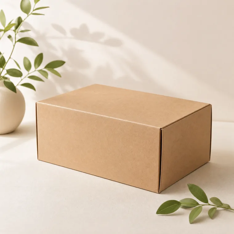 A plain kraft shipping box ready to send